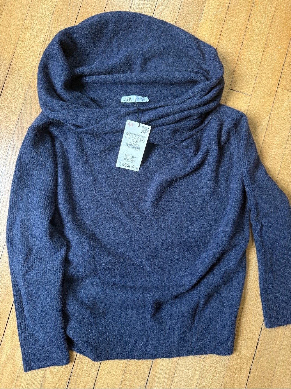 Zara Navy Off-the-Shoulder Cowl Sweater